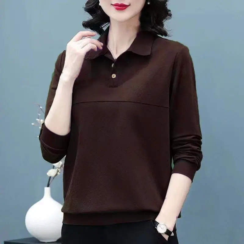 Commuter Versatile Women\'s Clothing Autumn and Winter New Spliced Buttons POLO Collar Long Sleeve Temperament Pullover Shirt