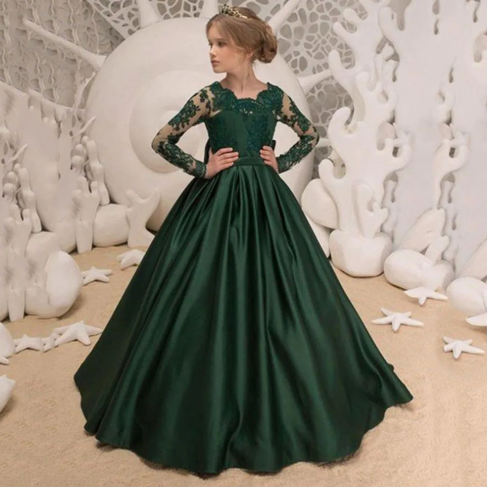 

Dark Green Ball Gown Toddler Flower Girls Dresses Long Sleeves Bow Backless Lace Birthday Costumes Photography Customised