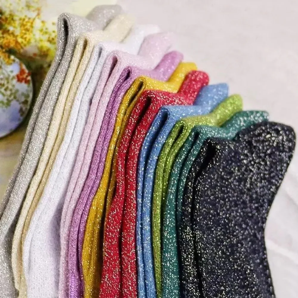 High-Quality Metallic Thread Women Socks Shiny Elastic Sport Socks Soft Breathable Crew Socks Daily Wear