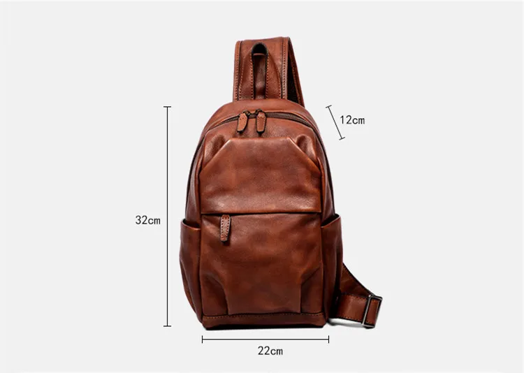 Vegetable Tanned Leather Men\'s Chest Bag, Retro Soft Cowhide Crossbody Back Pack, Motorcycle Bags