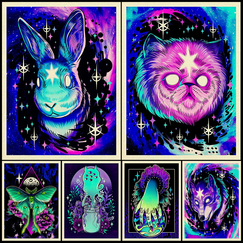 

Unicorn,Moon Moth,Star Wolf,Rabbit,Magic Ball,Witchcraft Aesthetics Wall Art Canvas Print Magic Animal Art Poster Print Decor
