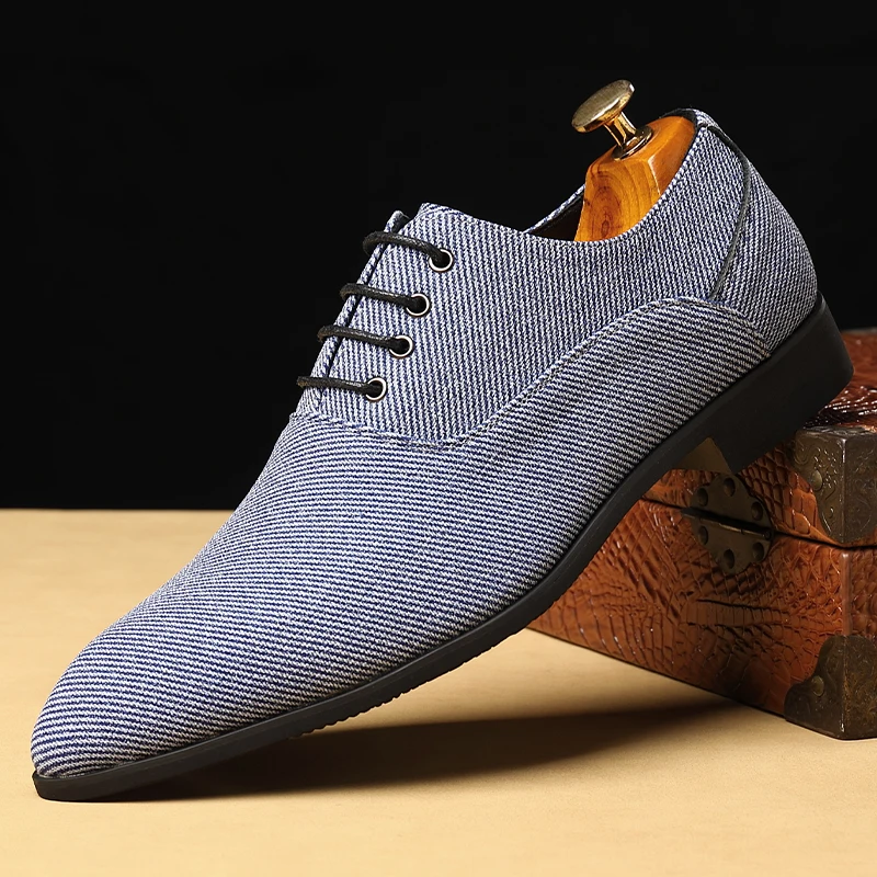 New Men Dress Shoes Lace-up Round Toe Oxfords Blue Gray Business Handmade Wedding Shoes  Size 38-48 Mens Shoes