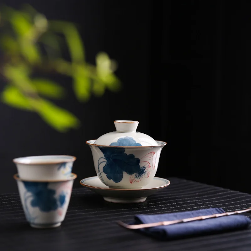 Chinese Retro Underglaze Color Hand-painted Lotus Three Kinds Of Cover Bowl Household Ceramic Single Cover Bowl Tea Infuser