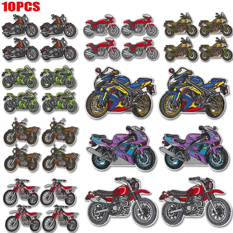 10 Stück coole Motorrad-Stickerei-Aufnäher zum Aufbügeln für Kleidung, DIY-Jacken, Jeans, Rucksäcke, zum Nähen und Dekorieren, Stickerei-Abzeichen