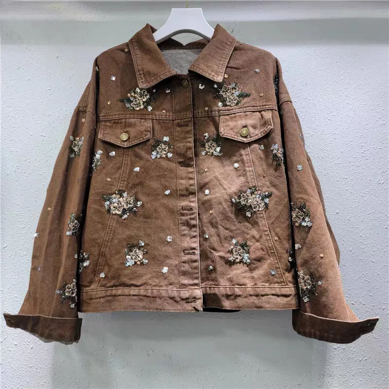 

Women's Spring Jeans Jacket New Turn-down Collar Heavy Workmanship Embroidery Sequins Niche Market Design Retro Denim Jacket