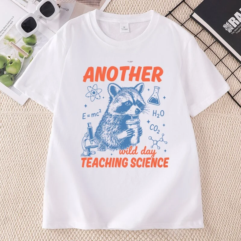Funny Science Teacher T-Shirt Raccoon Graphic Print Round Neck Short Sleeve T Shirt Men Women Casual Short Sleeve Shirts Summer