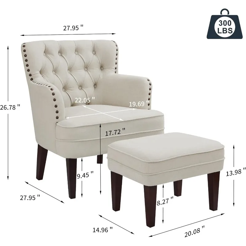 Tufted Beige Accent Chair with Ottoman and Vintage Brass Studs - For Living Room, Bedroom, Reception Room,27