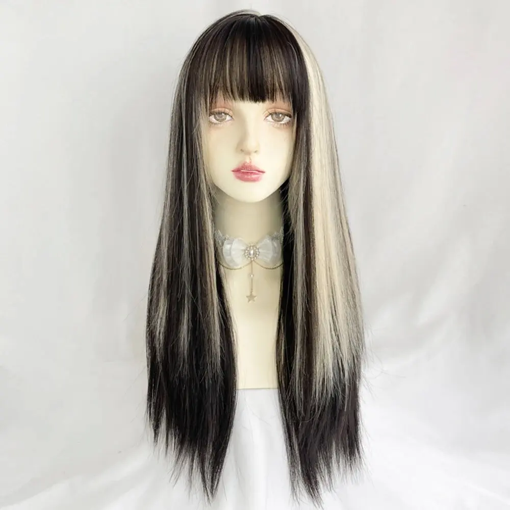 

Ombre Black Blonde Mixed Wig With Bangs Synthetic Long Straight Natural Women Lolita Cosplay Hair Wigs For Daily Party