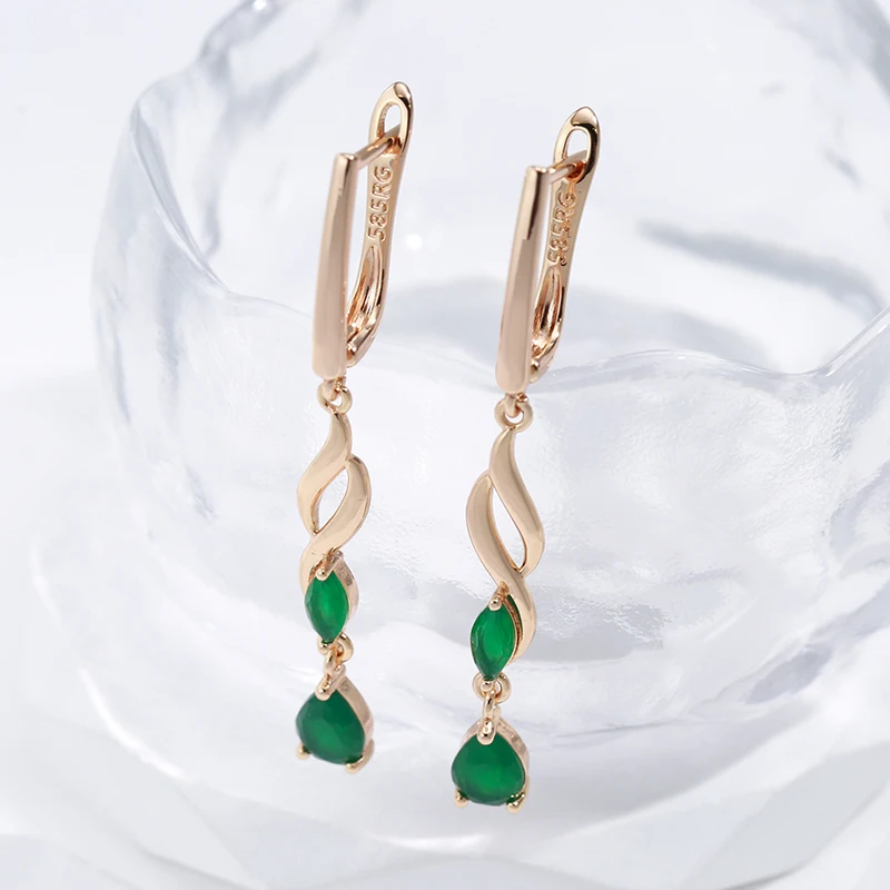 Kienl New Trend 585 Rose Gold Long Drop Earring for Women Vintage Green Natural Zircon Flower Earrings Bride Wedding Jewelry