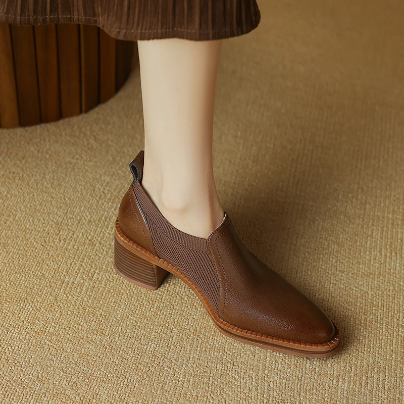 Women Genuine Leather Pumps Thick Heels Square Toe 2024 Spring Summer Office Lady Working Shoes Woman Basic Pumps Heels Women