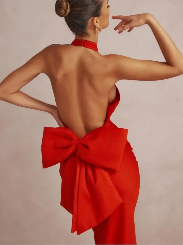 

Sexy Red Backless Big Bow Maxi Dress Women Fashion Sleeveless Halter Bodycon Dresses 2023 Female Chic Party Club Evening Robes