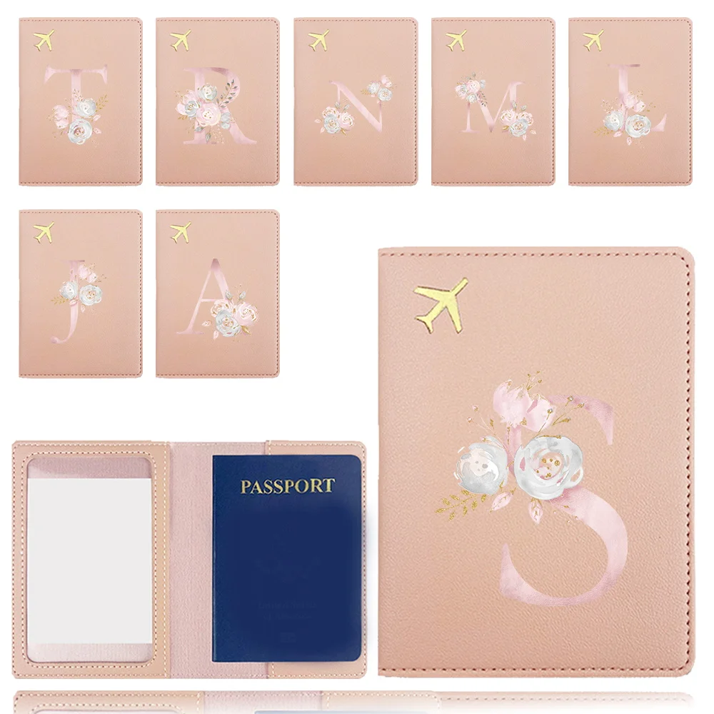 

Travel Passport Case Women Men Credit Card Organizer Cover Portable PU Airplane Travel Passport Cover Pink flower Letter Pattern