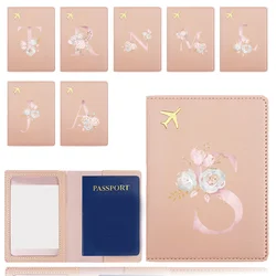Travel Passport Case Women Men Credit Card Organizer Cover Portable PU Airplane Travel Passport Cover Pink flower Letter Pattern