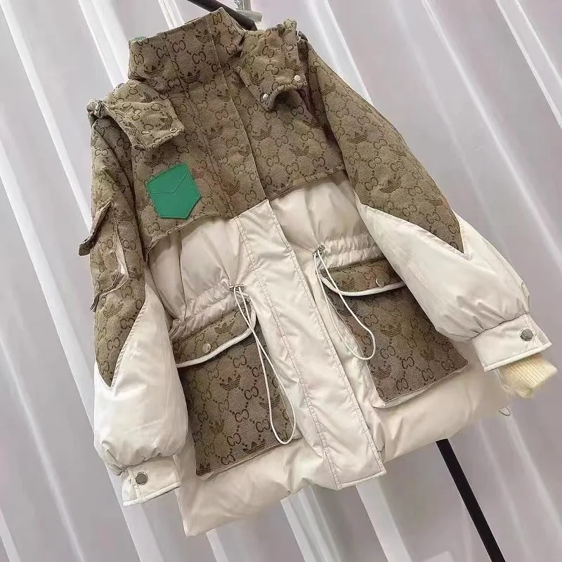 

Winter new down jacket contrasting color splicing hooded medium and long British style long-sleeved white duck down warm jacket