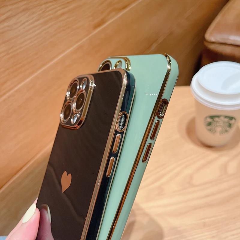 Soft Love Heart Electroplated Case For iPhone 11 12 13 14 15 Pro Max XS Max X XR 7 8 Plus SE 2020 Mini Shockproof Silicone Cover