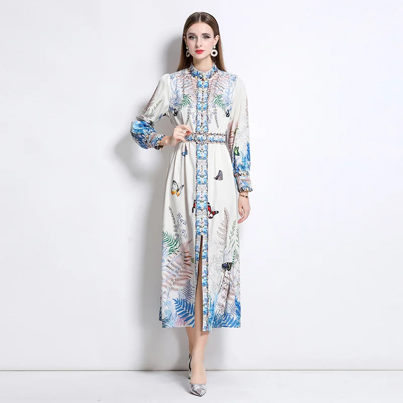 Mode Lange Mouw Bloemen Maxi Jurk Shirt Vrouwen Zomer Herfst Moslim Bloem Jurken Een Lijn Losse Riem Bohemian Party Vestidos