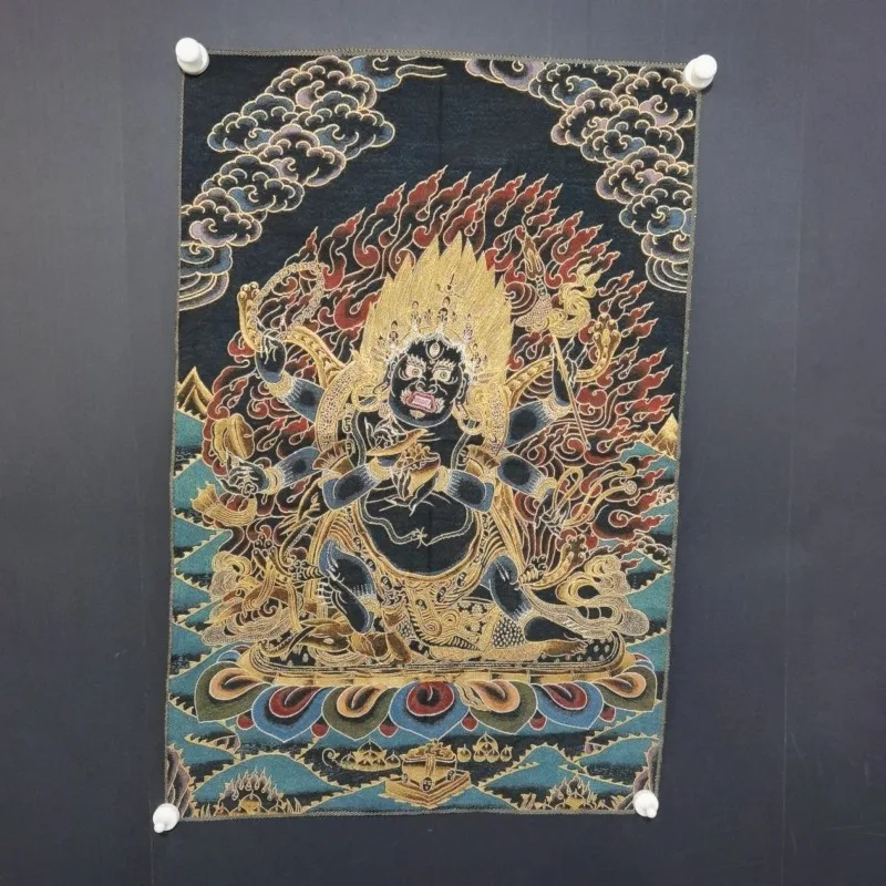Six Arms Mahakala Brocade Thangka Tapestry Tibetan Dharma Protector Embroidered Wall Art Decor