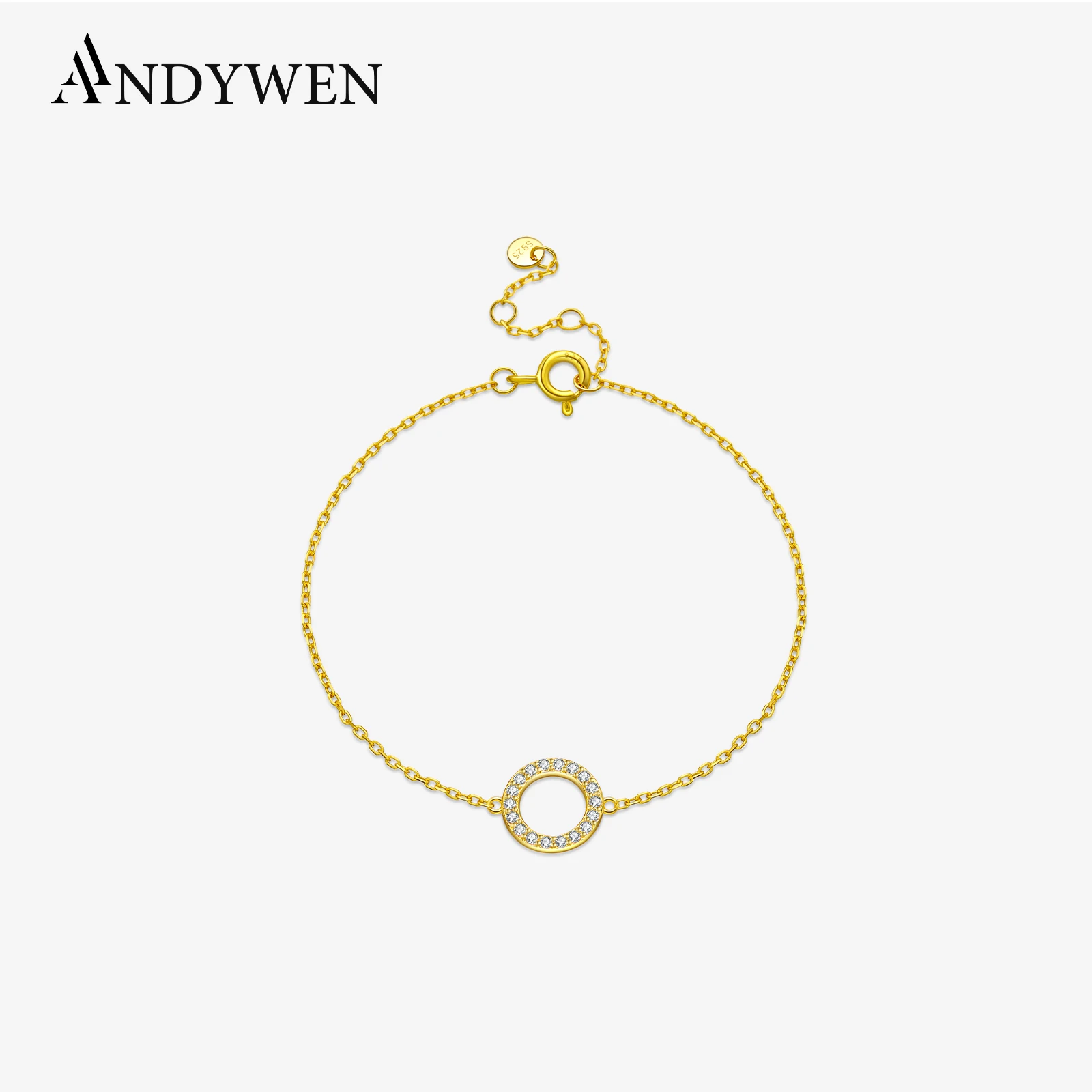 ANDYWEN 925 Sterling Silver 10mm Circle Pendant Charm Bracelet Chain For Women Luxury CZ Zircon Crystal Fine Jewelry Gift