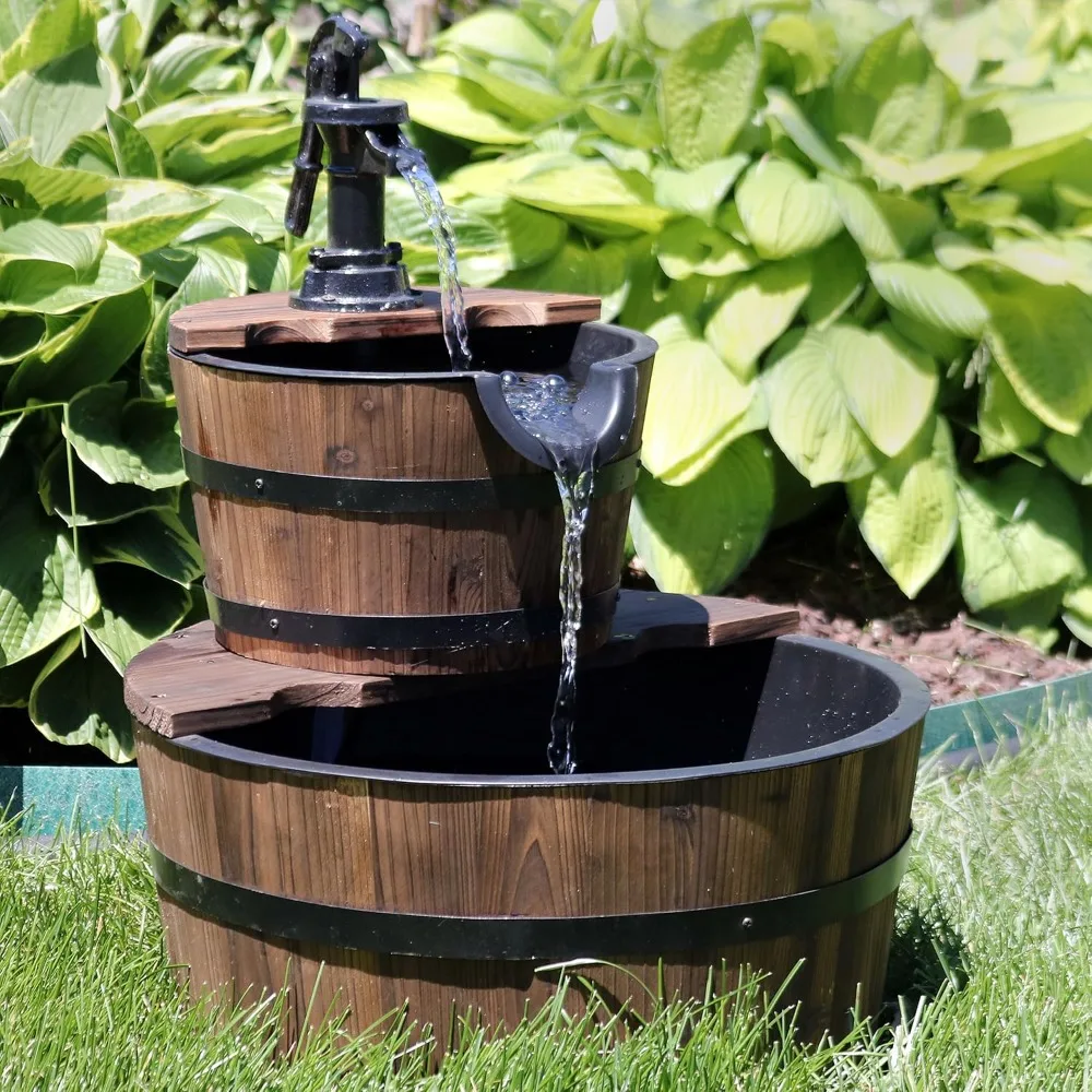 

Country Wood Barrel 23-Inch 2-Tier Water Fountain - Electric Submersible Pump, 17.5 L x 17.5 W x 23 H inches