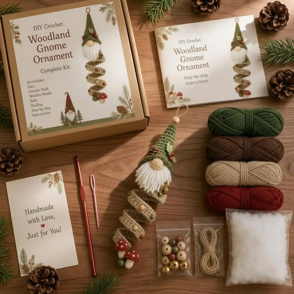 DIY Crochet Gnome Ornament Kit, Christmas Theme Soft Knitted Craft Set, Handmade Hanging Ornament for Beginners