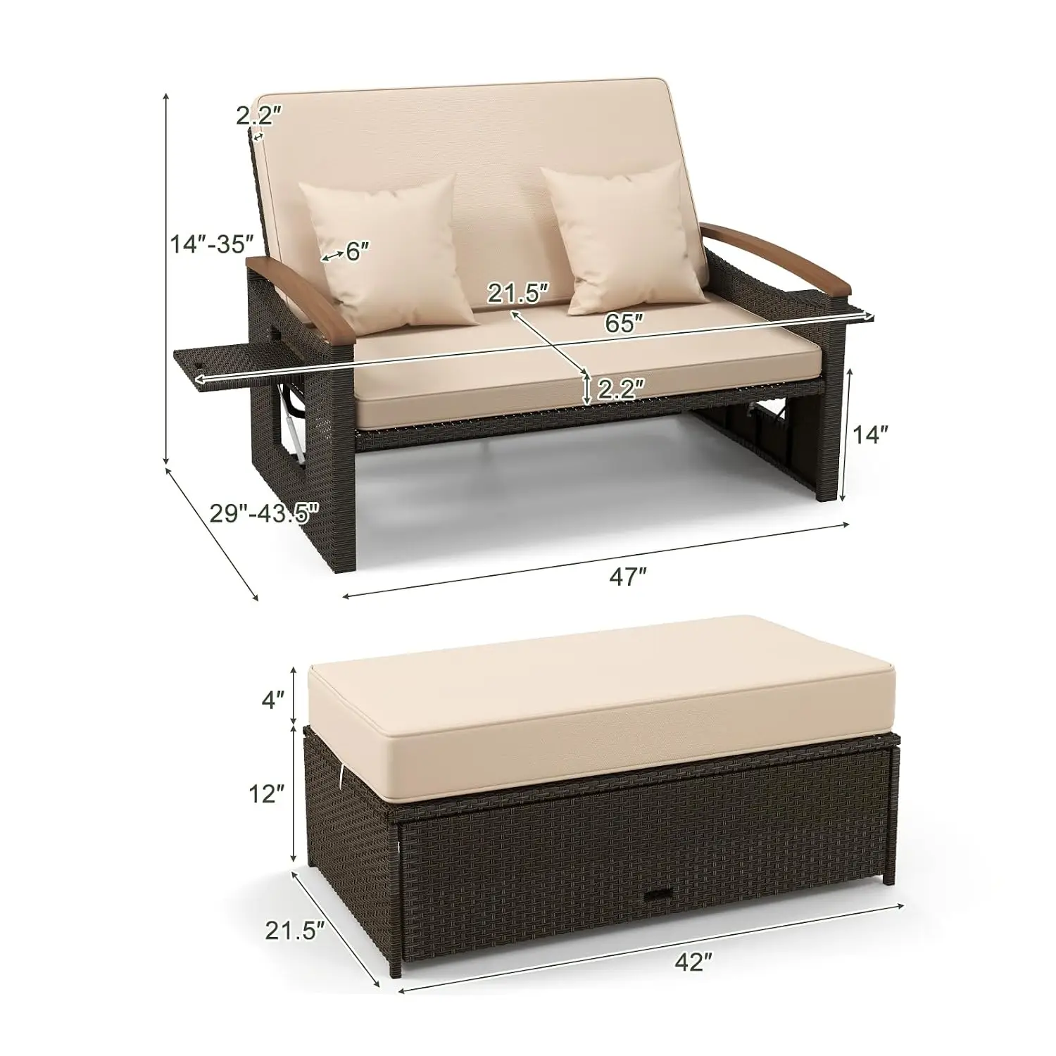 4-Level Adjustable Backrest & Acacia Wood Armrest, Outdoor Wicker Daybed with Side Panels for Yard, Deck, Poolside (Beige)