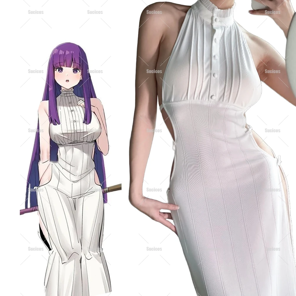 Frieren At The Funeral Doujin Fern Cosplay Costume Wig Fern Sexy White Knit Elastic Dress For Woman Halloween Roleplay Costumes