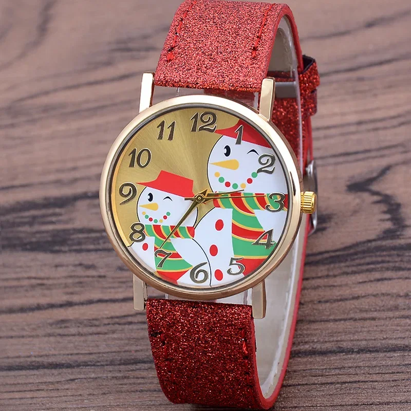 Fashion Christmas Snowman Quartz Wristwatches for Women Casual Bright Color Leather Strap Quartz Watch Clock Gifts Часы Женские