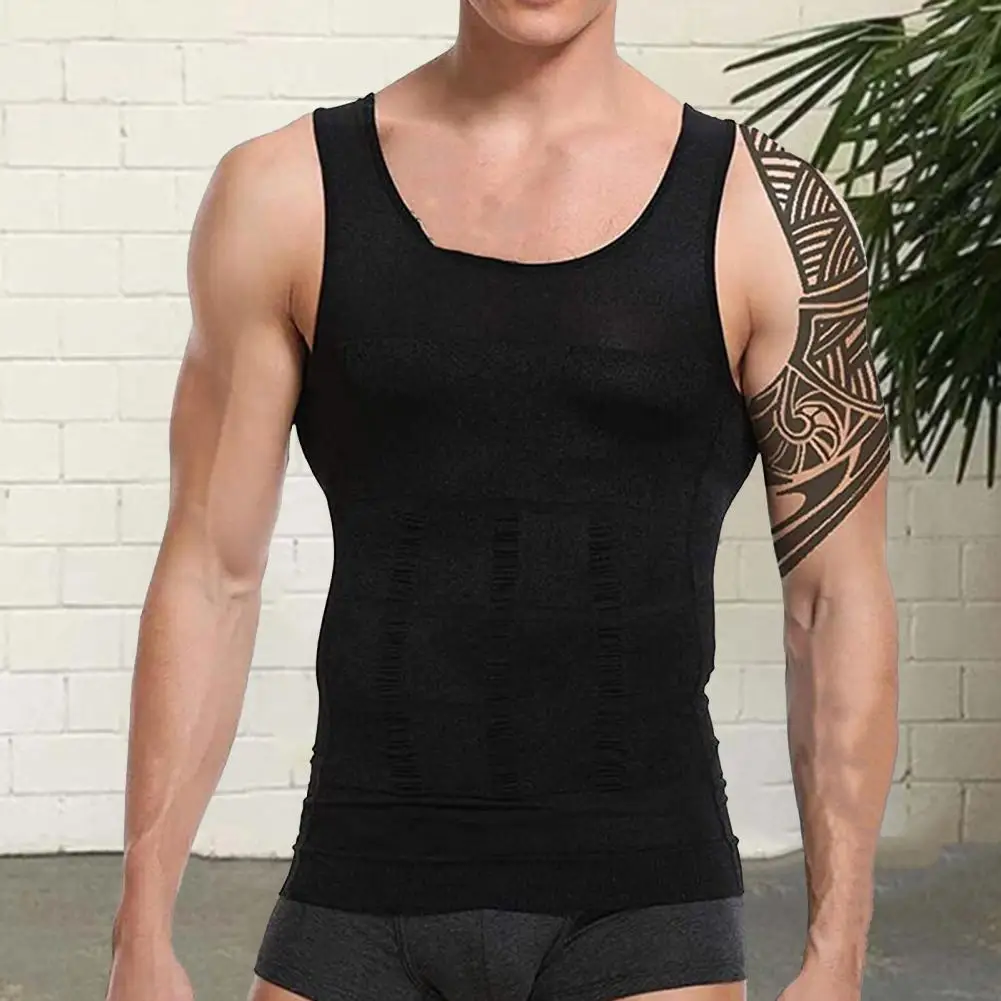 

Men Gym Vest Compression Slimming Tummy Control Sleeveless Shapewear Vest Solid Color Elastic Sweat Absorption Men Tank Top