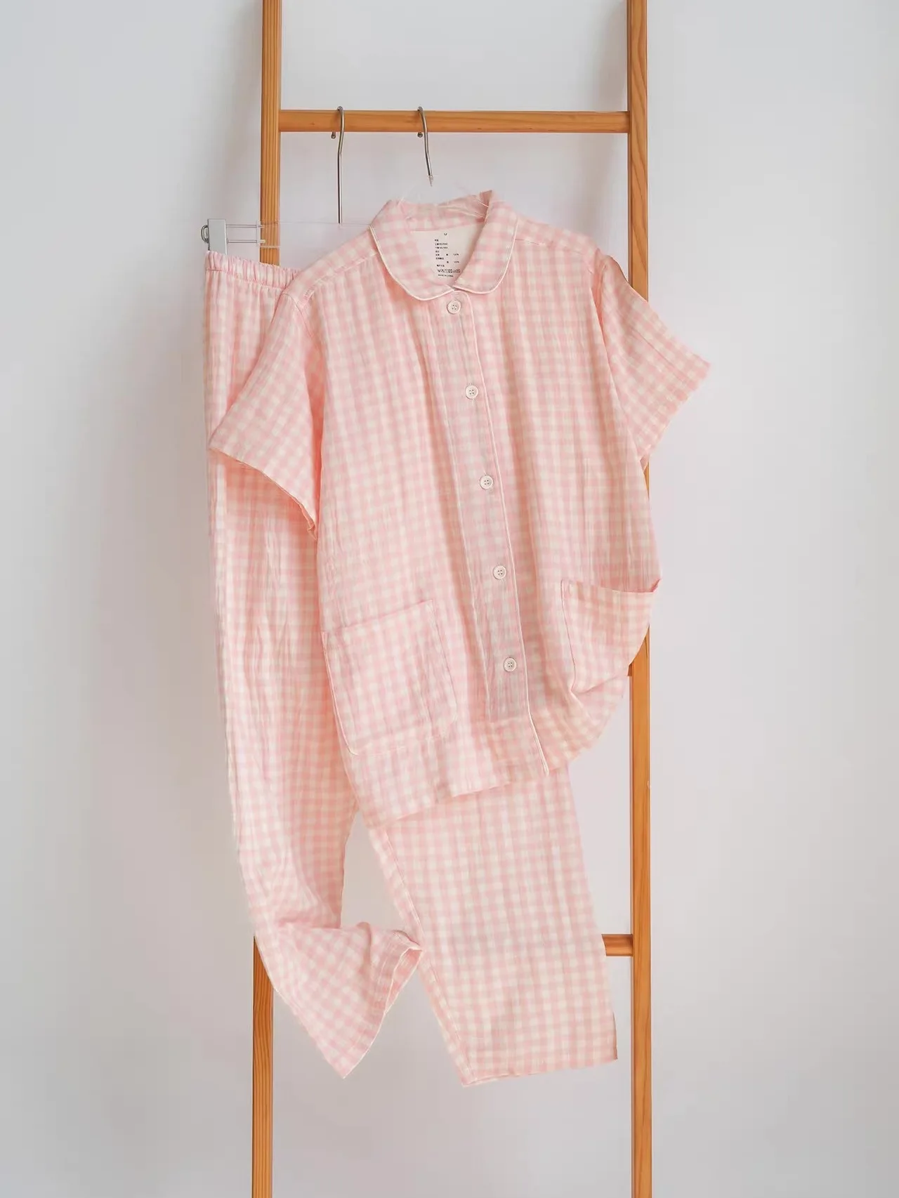 Classic Candy Color Plaid Cotton Home Clothes Set Short Sleeve Double Layered for Men And Women Summer Breathable Comfortable