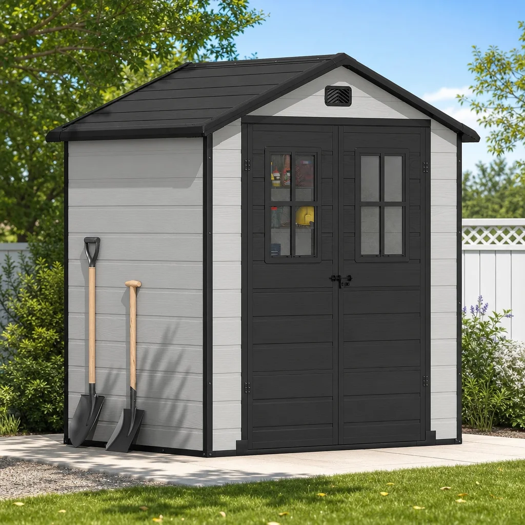 Gardening Tools Lawn Mower - 6x4.4 FT Outdoor Storage Shed, Plastic