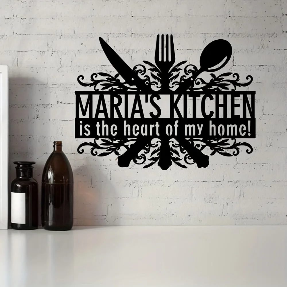 Personalized Metal Kitchen Wall Art Sign - Custom Name & Year, Elegant Cursive Lettering with Utensils & Heart Design