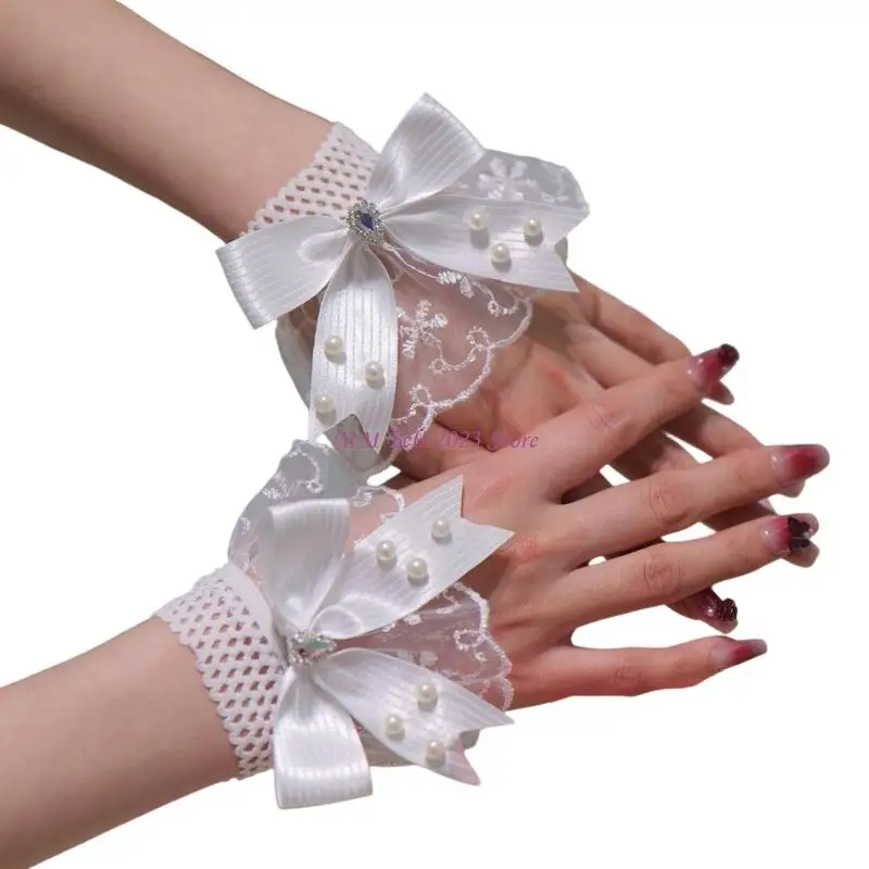 49ME Lolitas Sheer Gloves Hand Sleeves Women Pearls Bows Ruffle Wrist Cuffs Elastic Bracelet for Halloween,Wedding,Masquerade