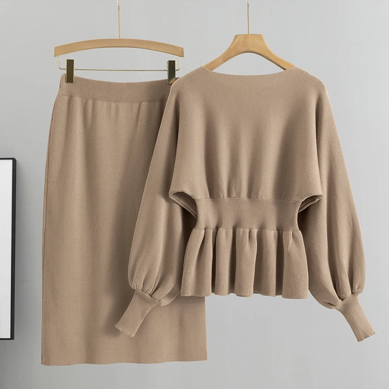 Autumn Elegant 2 Two Piece Set Women Lantern Long Sleeves Crop Tops Fashion Casual Pullover Sweater Sexy High Waist Skirts Sets