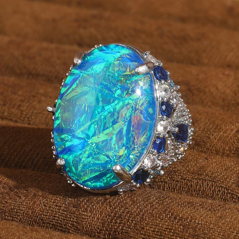 

Vintage Blue Ring Opal Jewelry Original Woman Silver Color Rhinestone 2025 Valentine Day Luxury Designer Jewelry Accessories New