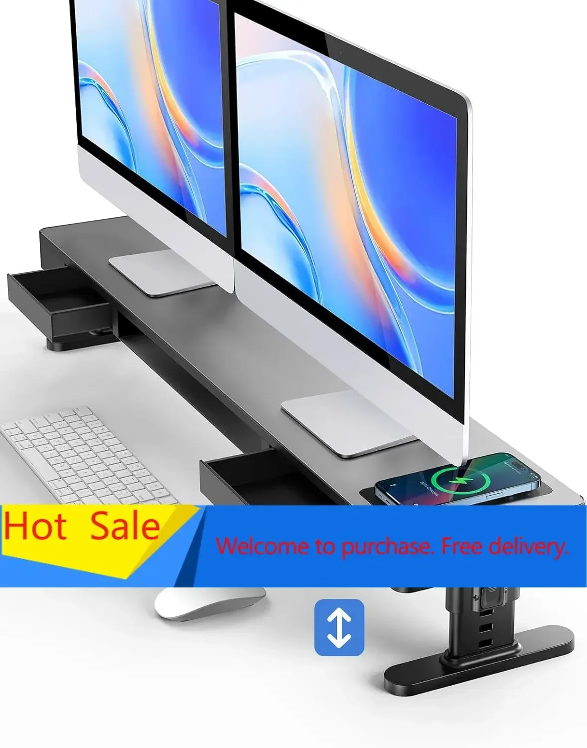 Dual Monitor Stand with 4 Adjustable Heights, Auto Phone Charging Pad, 4 USB Ports, Computer Riser with Drawers Storage, Metal D
