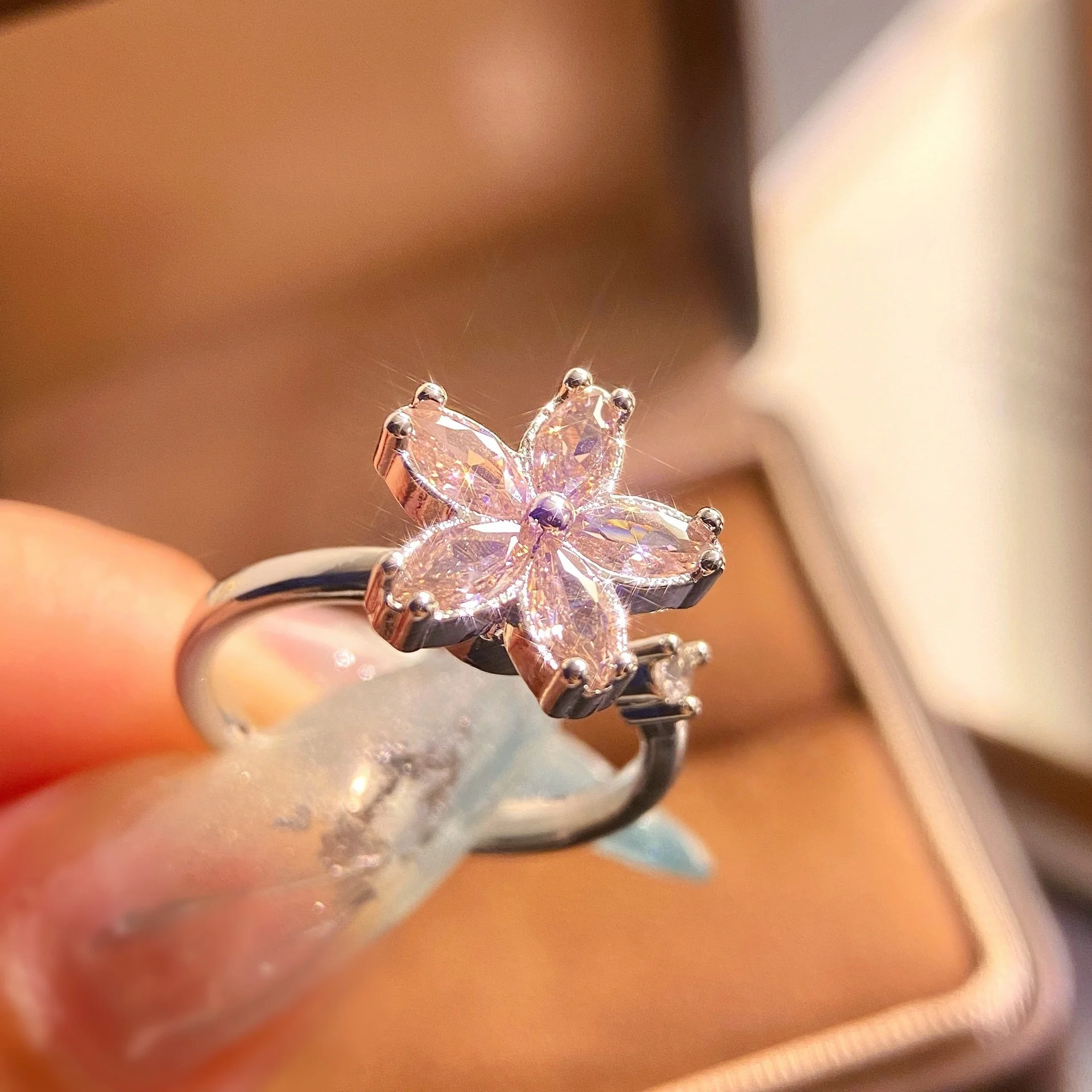 925 Sterling Silver Adjustable Ring with Pink Diamond Cherry Blossom Zircon, Unique Design Trendy Versatile Jewelry for Women