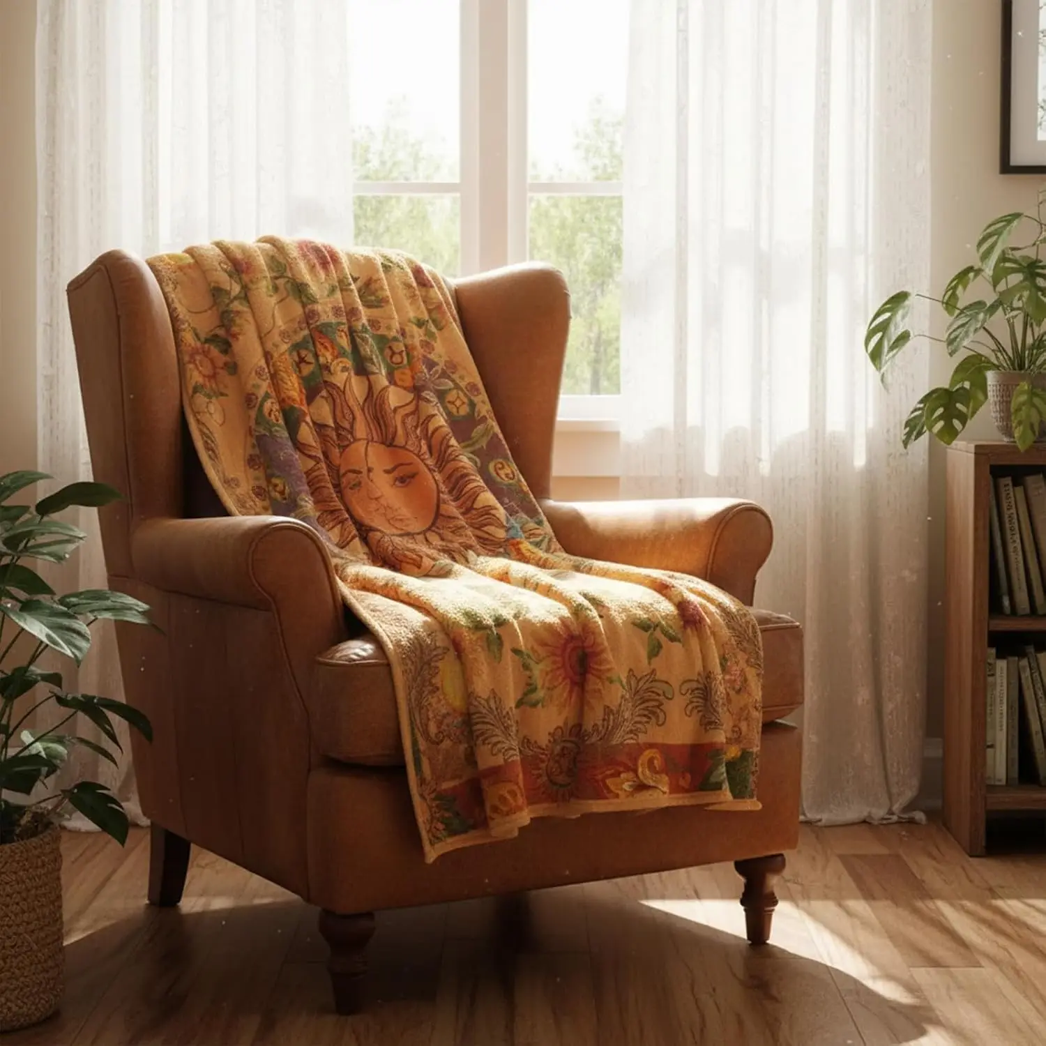 Vintage Sun Face Zodiac Signs Sunflower Retro Border Print Soft Flannel Blanket Boho Warm Throw for Sofa Bedroom Home Use