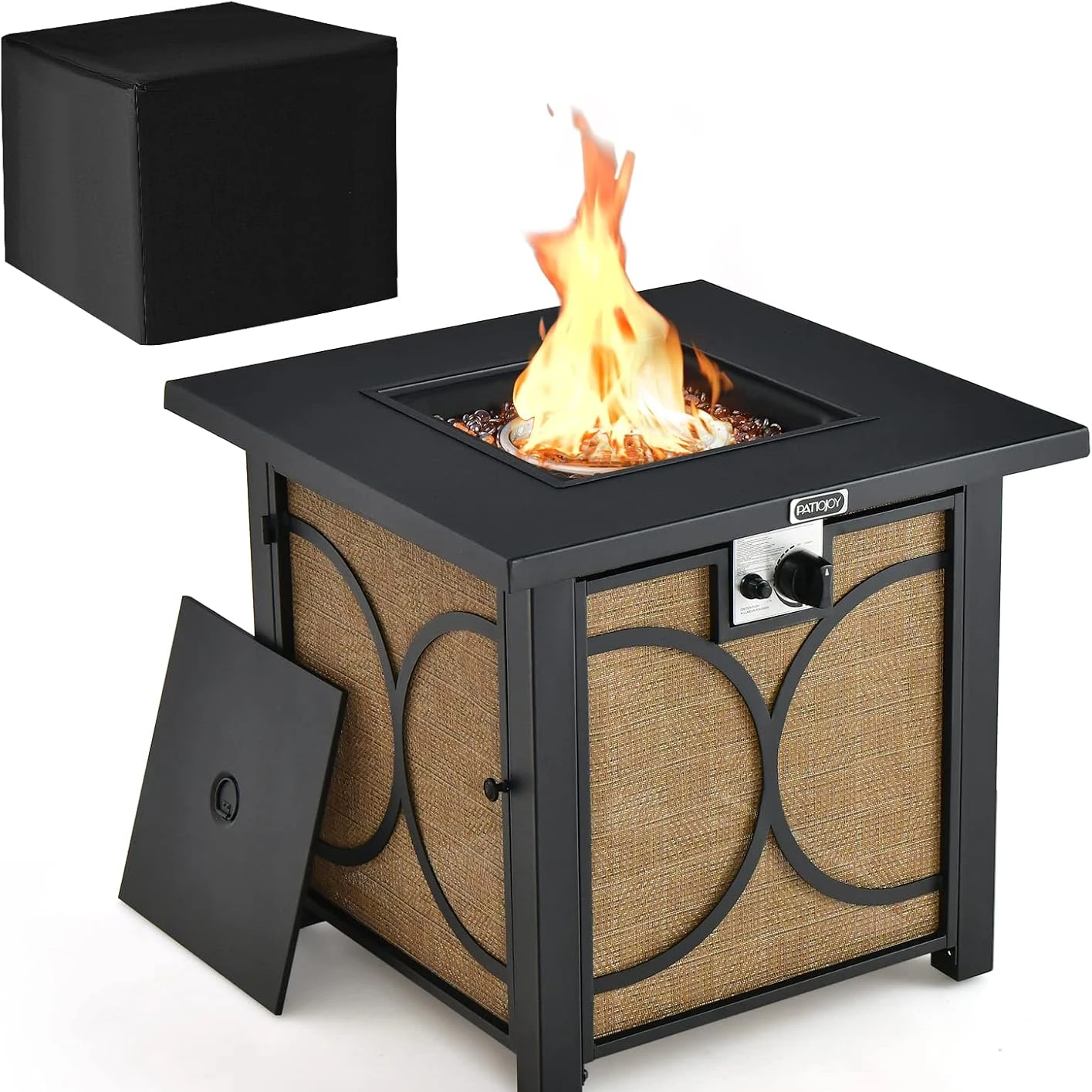 28 Inch Outdoor Square Fire Pit Table, Patiojoy 50,000 BTU Propane Gas Fire Table with Fire Glasses & PVC Protective Cover