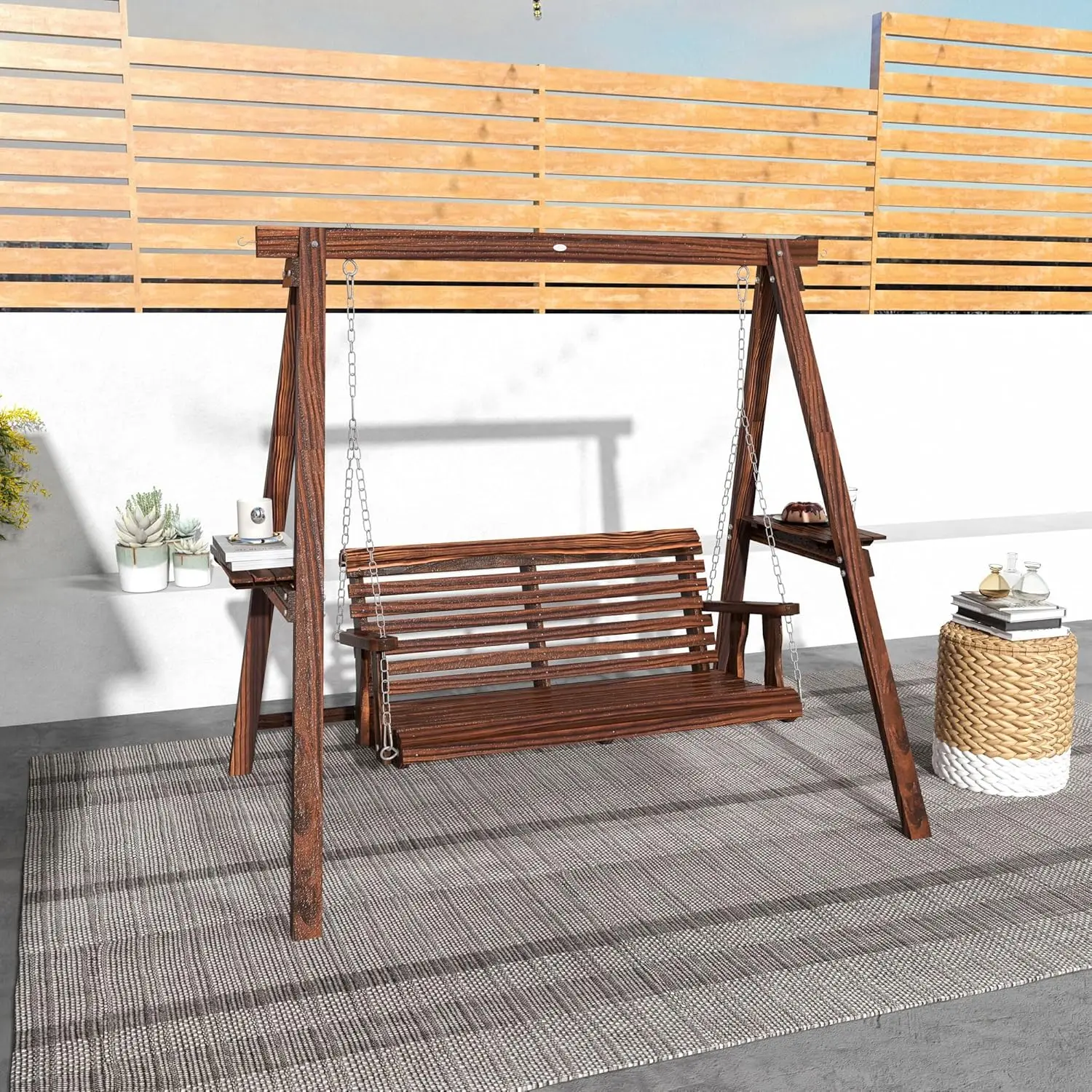 2-Seat Porch Swing Loveseat, Wooden Patio Swing Chair With Stand And Side Tables, For Garden, Poolside, Backyard, Carbonized