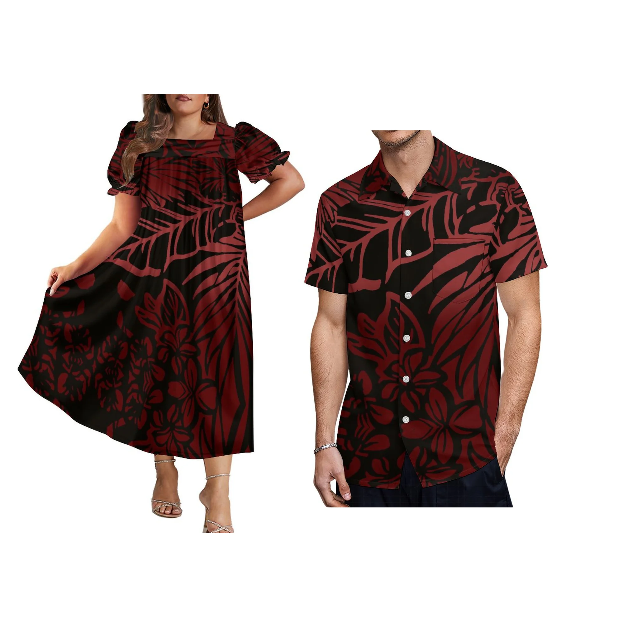 2025 Fashion Lady Mumu Abito a maniche corte con camicia da uomo Design della tribù polinesiana Coppia Set Spedizione gratuita