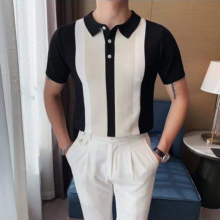 Men's Casual Business Polo Shirts New Fashion Color-coded Striped Trn-down Collar Short Sleeve T-shirts Male Summer Clothes Tops