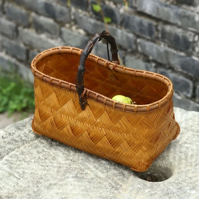 For Handheld basket, handmade bamboo woven bag, vintage storage bag, tea set, tea ceremony storage bag