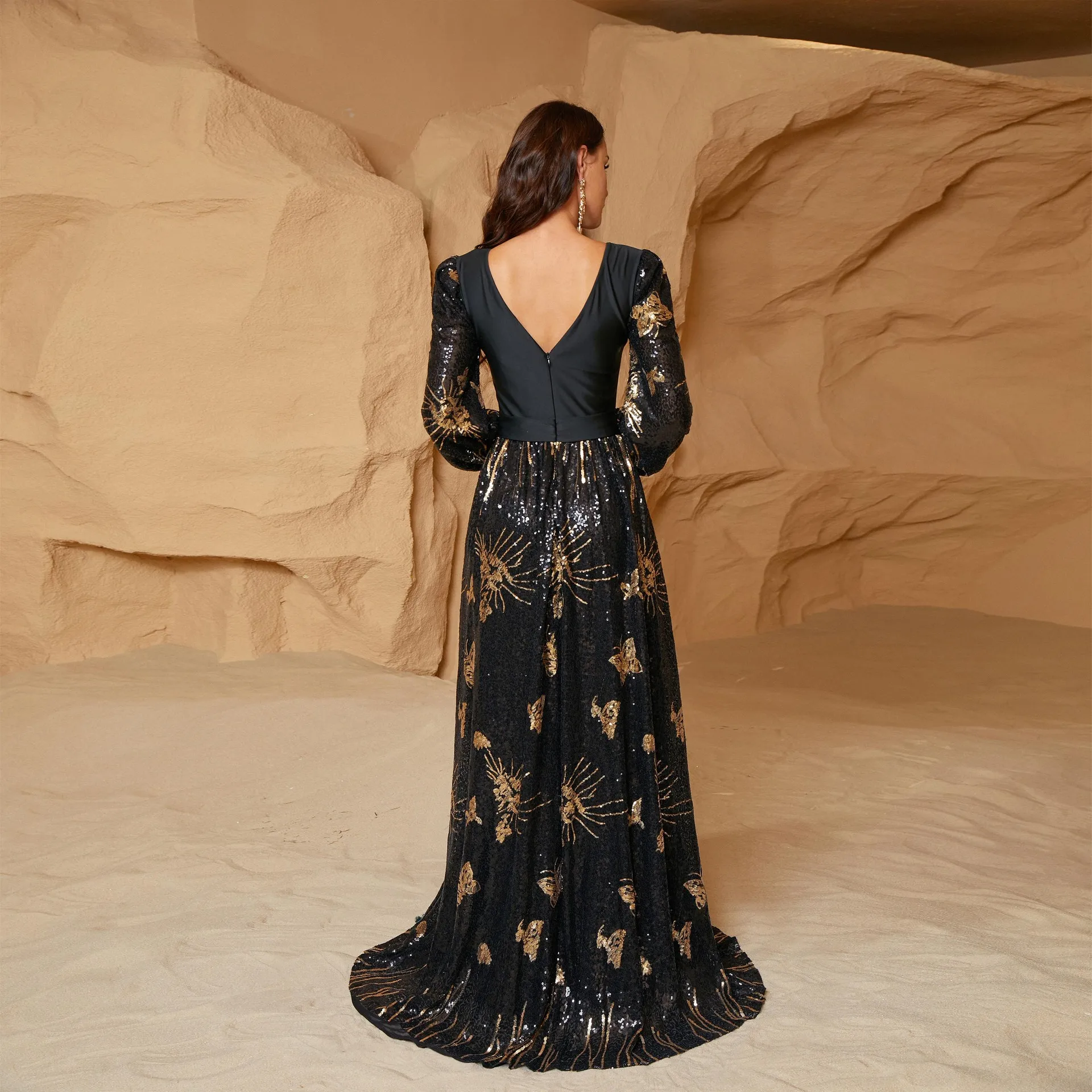 Ele Long Sve V-Ne Sexy Long Sequin Evening Dr Midi Skirt Par Dr High Waist Slim Fit Polyester Wedding Dr