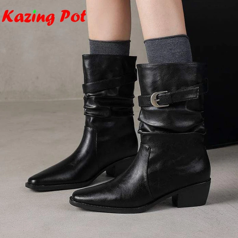 Krazing Pot, размеры 34-42, из натуральной кожи, с квадратным носком, на среднем каблуке, на молнии, современные ботинки, теплая зимняя обувь, с круглой пряжкой, плиссированные ботильоны.