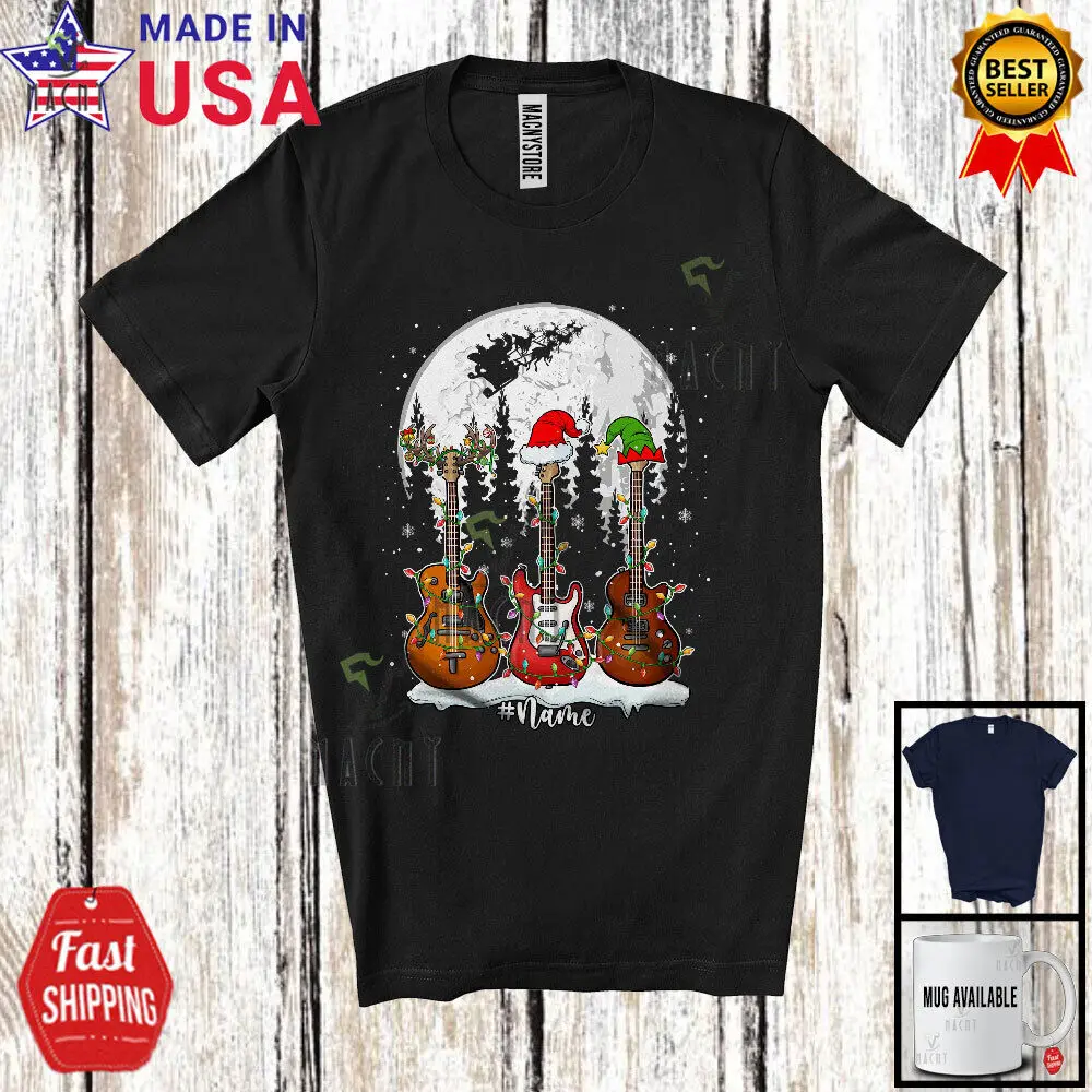 

3 Guitars; Awesome Christmas Lights Moon; Custom Name Guitarist Musician T-Shirt