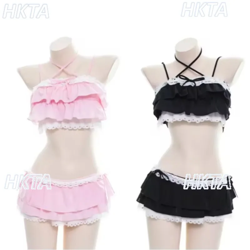 Sweet Cute Girls Lolita Bikini Summer Cosplay Pink and Black Color Swimsuit Hollowed Multilayer Hem Bikini Women Swimwear