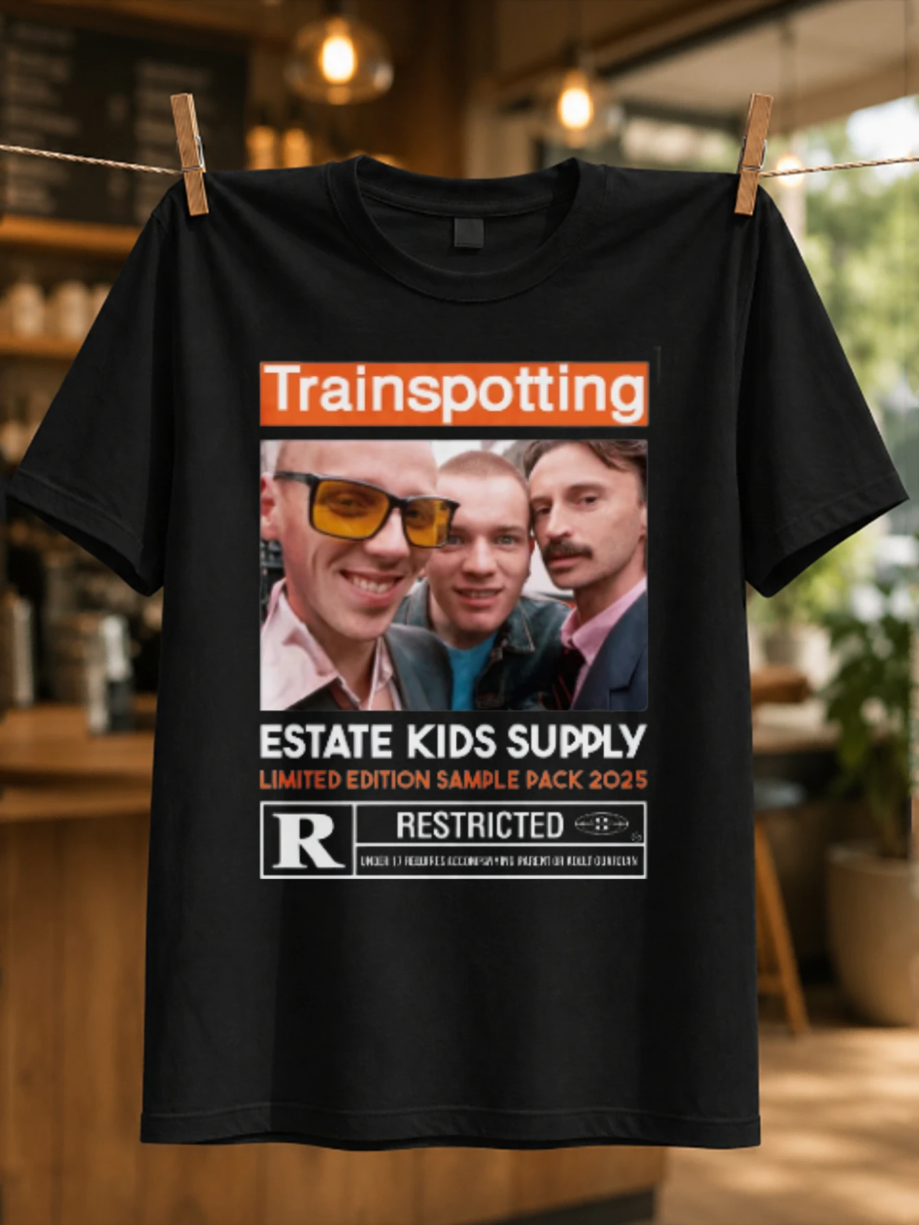 Trainspotting Estate orange title block closeup cast photo restricted and gritty 90s film style  Unisex All T-Shirt