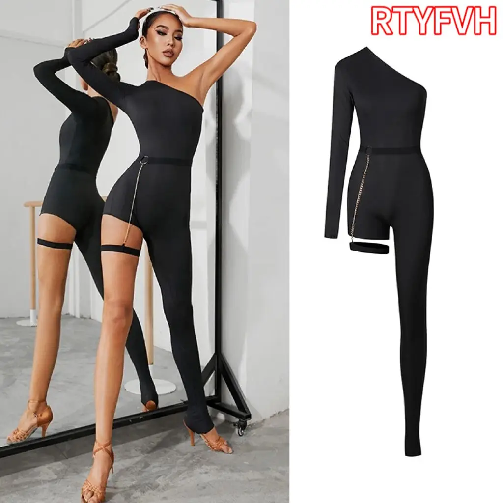 

Sexy Slant Shoulder One-Sleeve-Leg Design Latin Dance Jumpsuit Women Rumba Salsa Dance Clothes Black Latin Dance Pants DNV17152