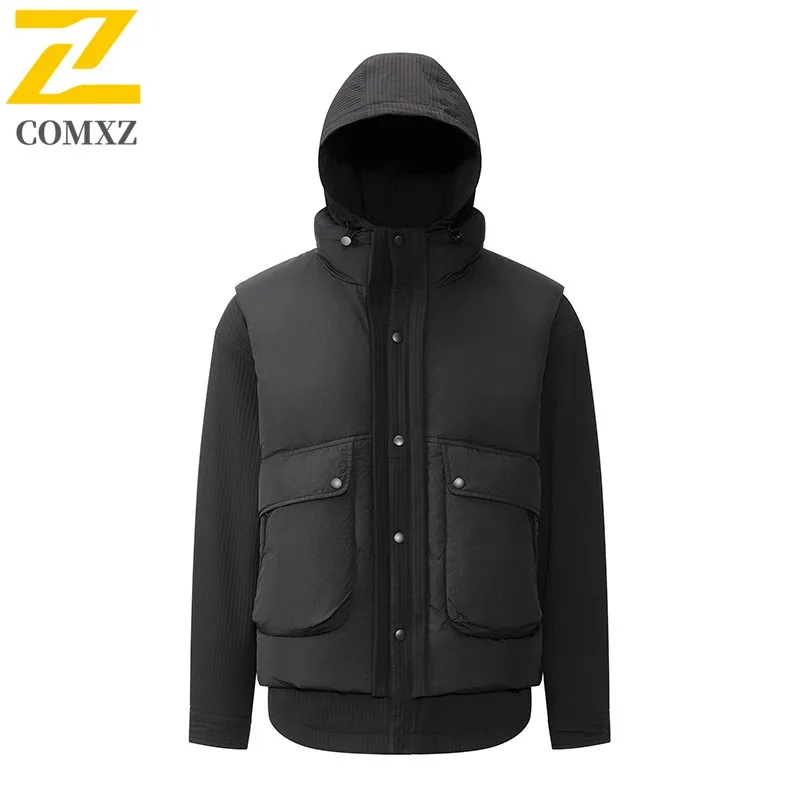 COMXZ Mens Puffer Jacket Duck Down 3 in 1 Hooded Shirt Vest Men Warm Filler Down Outdoor Mountaineering Lightweight Winter Coat
