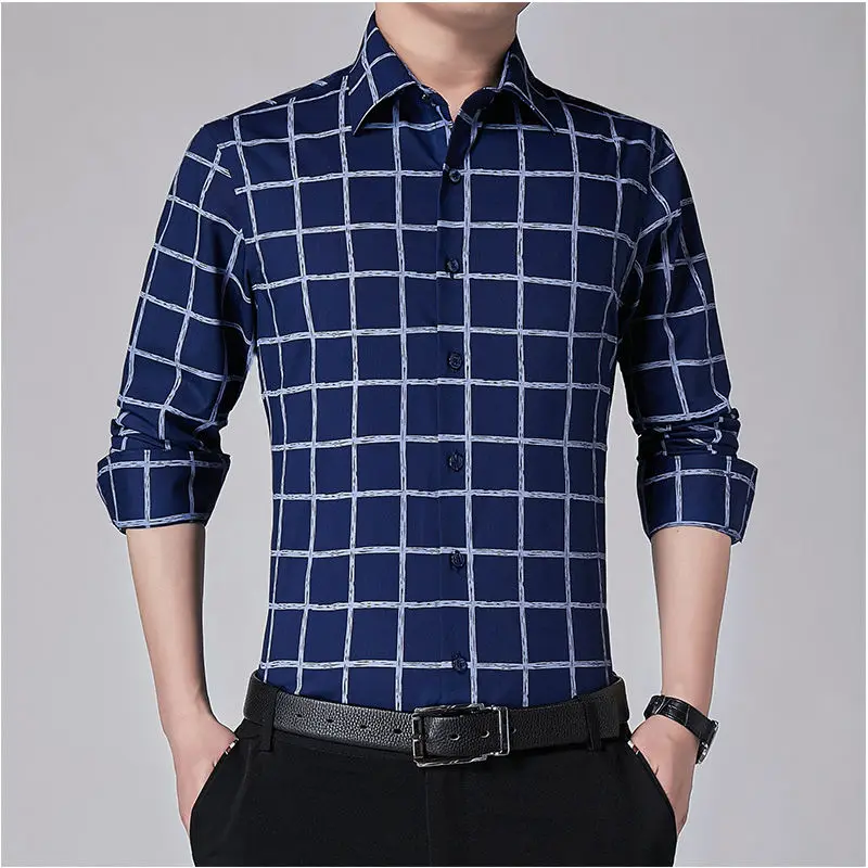 English Style Smart Casual Formal Slim Shirt Men Square Collar Button Patchwork Print Casual Non Ironing Long Sleeved Plaid Top
